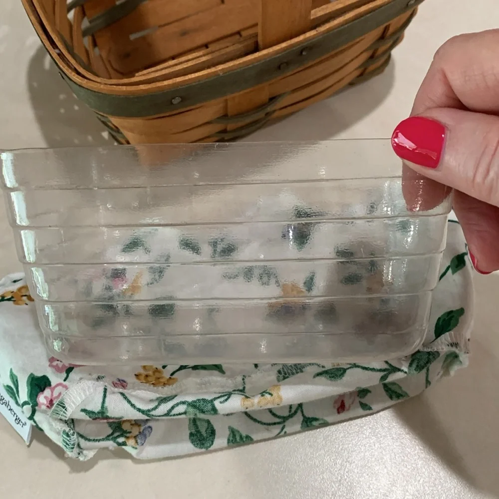 Longaberger Tea Basket with Emerald Vine Liner and Protector, Stationary Handle